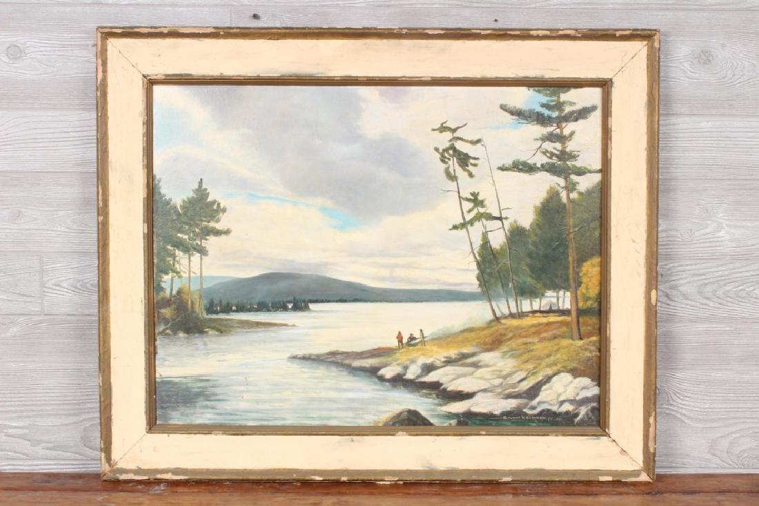 1955 Folk Art Adirondack Lodge Painting: 1955 Folk Art Adirondack Lodge Painting. Signed Stuart H Newman Size: 28" x 32.5" x 1" Framed, 21" x 27.5" Sight