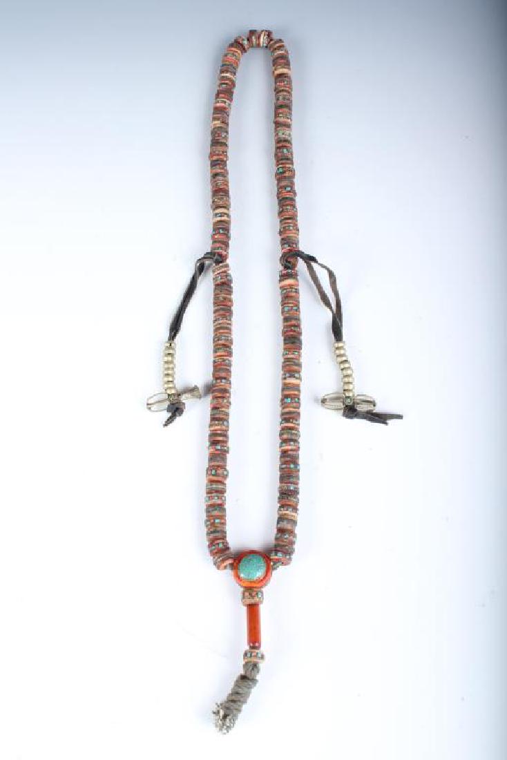 Chinese Chaozhu Court Necklace: Chinese Chaozhu Court Necklace. With coral and turquoise elements. Size: 16.5" (NN)