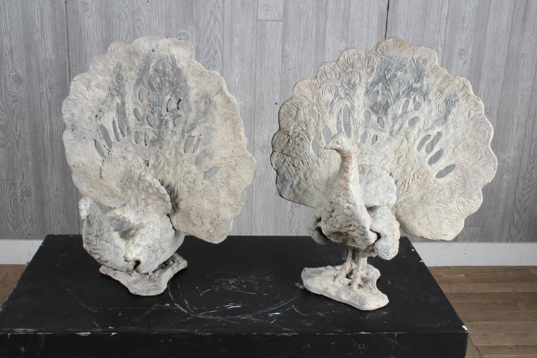 Pair Lead Peacocks: A pair of English cast lead garden peacocks having decorative tail and elegant presence. Size: 23" x 20" x 13".