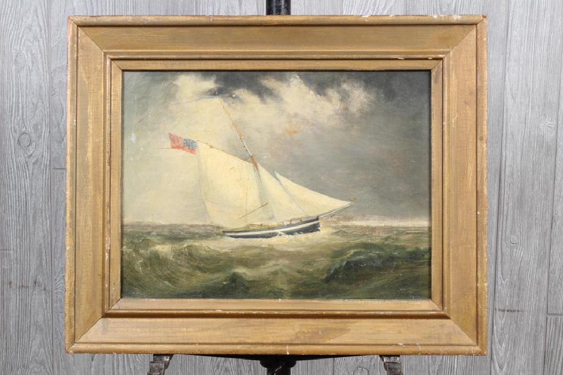 Antique Schooner Painting: Antique Schooner Painting. In the manner of Buttersworth. Bearing Max Williams label on obverse. Size: Framed: 17" H x 21" W x 1.5" D; Sight: 11.5" H x 15.5" W
