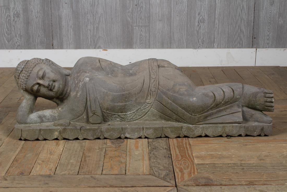 Carved Stone Reclining Buddha: Carved Stone Reclining Buddha. Size: 11" x 39" x 7"