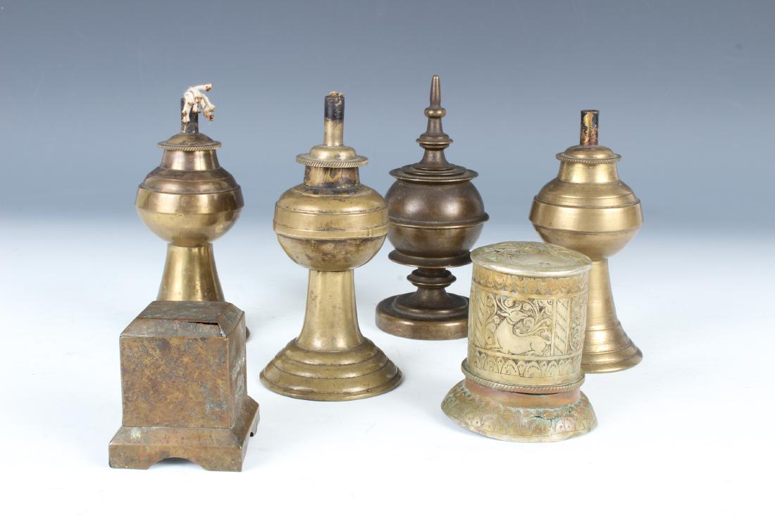 3 Antique Brass Lamps and 3 Burmese Lighters (1 of 4)