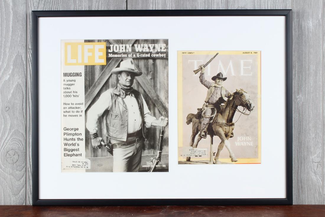 Framed John Wayne Magazine Cover Vignette: Framed John Wayne Magazine Cover Vignette. Life magazine and Time Magazine. Size: 19" x 25" x 1"