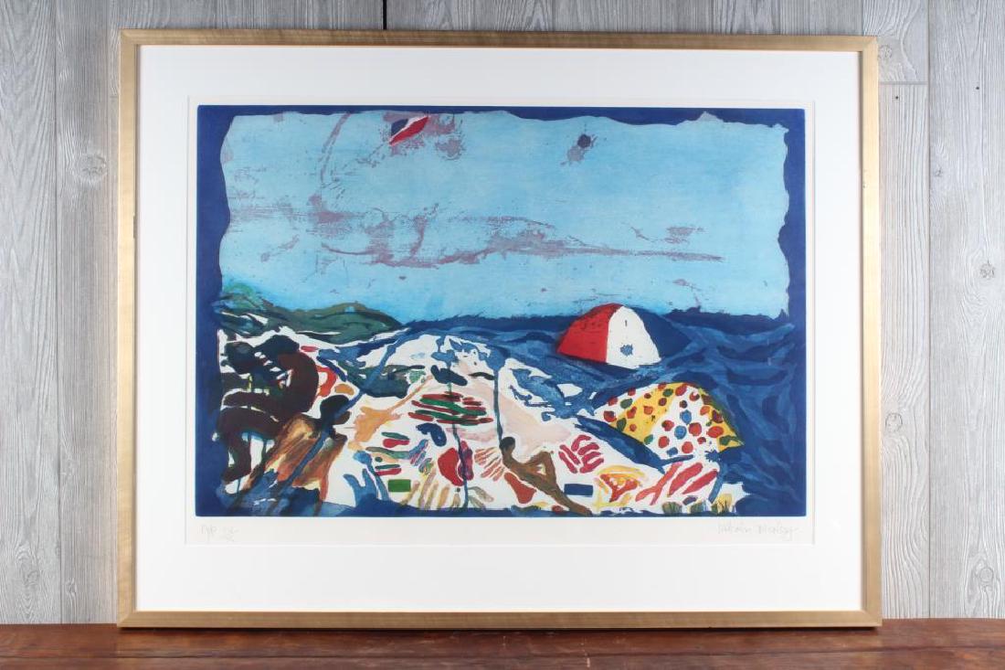 Malcolm Morley Beach Scene Lithograph: Malcolm Morley Beach Scene Lithograph. Size: Framed: 34.5" H x 44" W x 1.5" D; Sight: 26" H x 36" W