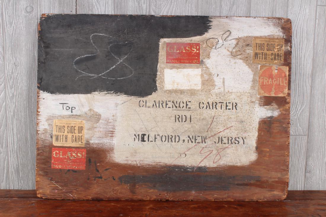 Joseph Cornell Style Collage: Joseph Cornell Style Collage. Plywood crate lid with labels, paint. Size: 25" x 34"