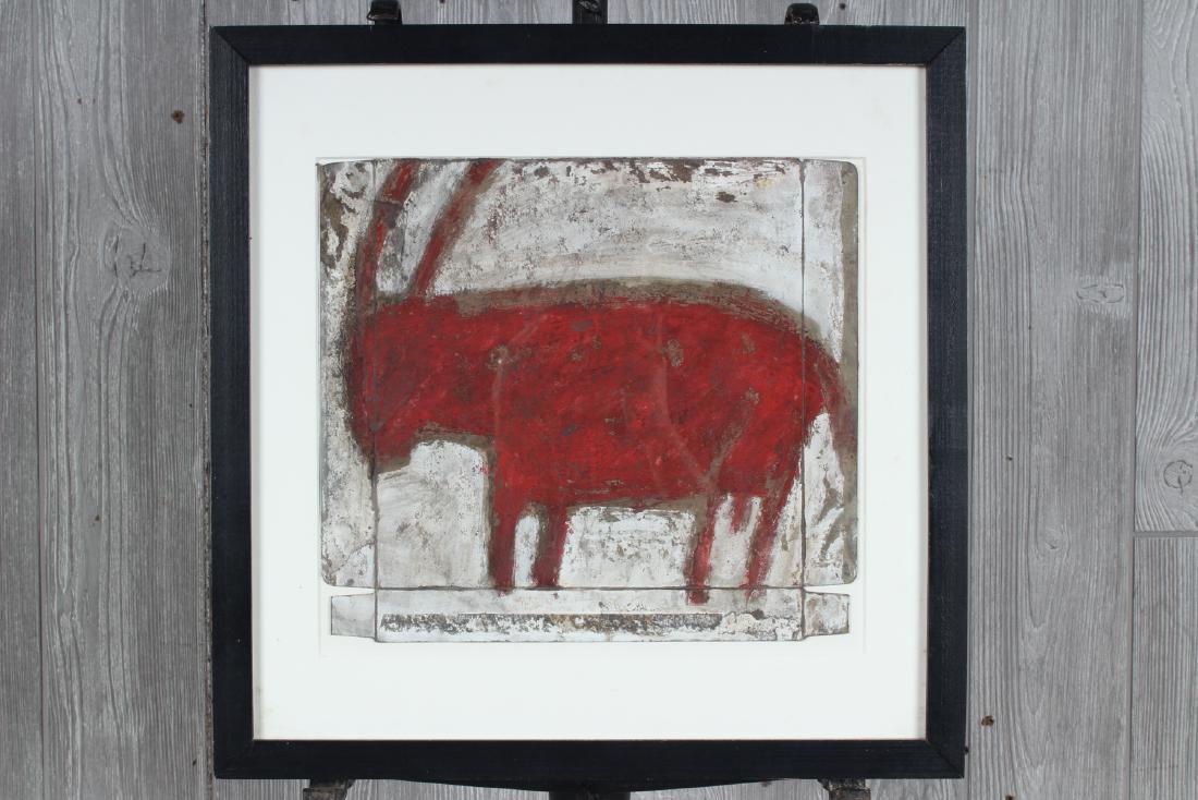 Michel Nedjar (b.1947 French) Horned Creature: Michel Nedjar (b.1947 French) Horned Creature. Painting on found carton. Size: Framed: 16" H x 16" W x 1.5" D; Sight: 10.5" H x 11.5" W