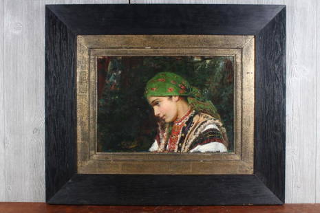 Russian School Peasant Girl Painting: Russian School Peasant Girl Painting. Signed in Cyrillic. Size: Framed: 29.5" H x 35.5" W x 1" D; Sight: 14" H x 20" W