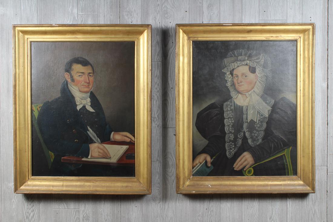 Antique American Folk Art Portraits: Antique American Folk Art Portraits. Mr and Mrs Trexler. Size: Framed: 38.5" H x 31.5" W x 2" D; Sight: 31" H x 24" W