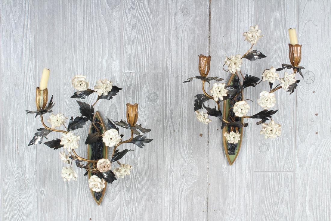 Pair Continental Tole Decorated Sconces (1 of 4)