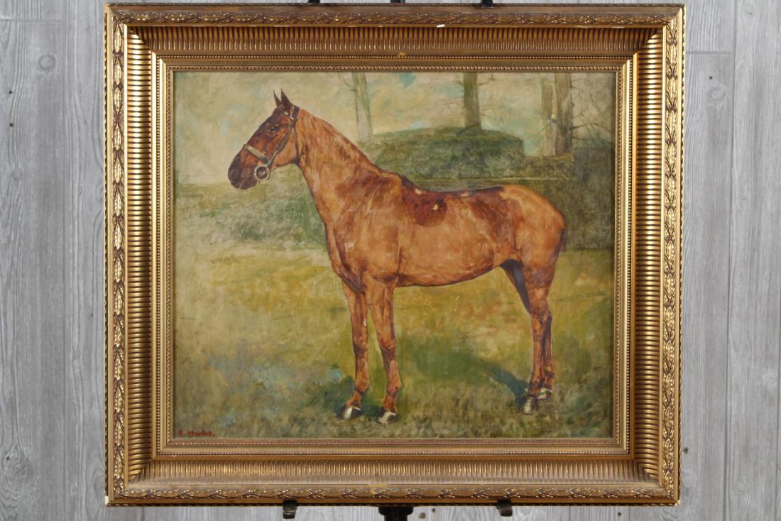 English Thoroughbred Painting: English Thoroughbred Painting, signed S. Marks. Size: Framed: 26.5" H x 30.5" W x 2.5" D; Sight: 19" H x 23" W