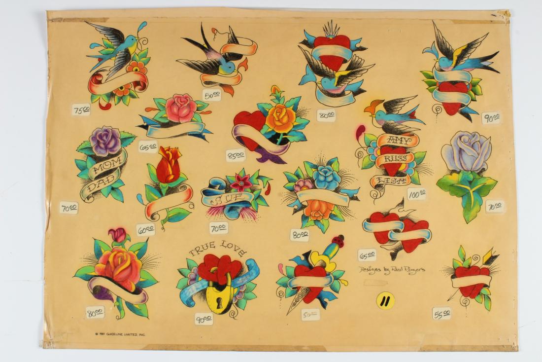 Vintage Paul Rogers Tattoo Flash: Memorial Hearts. Designs by Paul Rogers. 1981 Guideline Ltd. 17 images. Laminated. Size: 15" x 20" sheet.