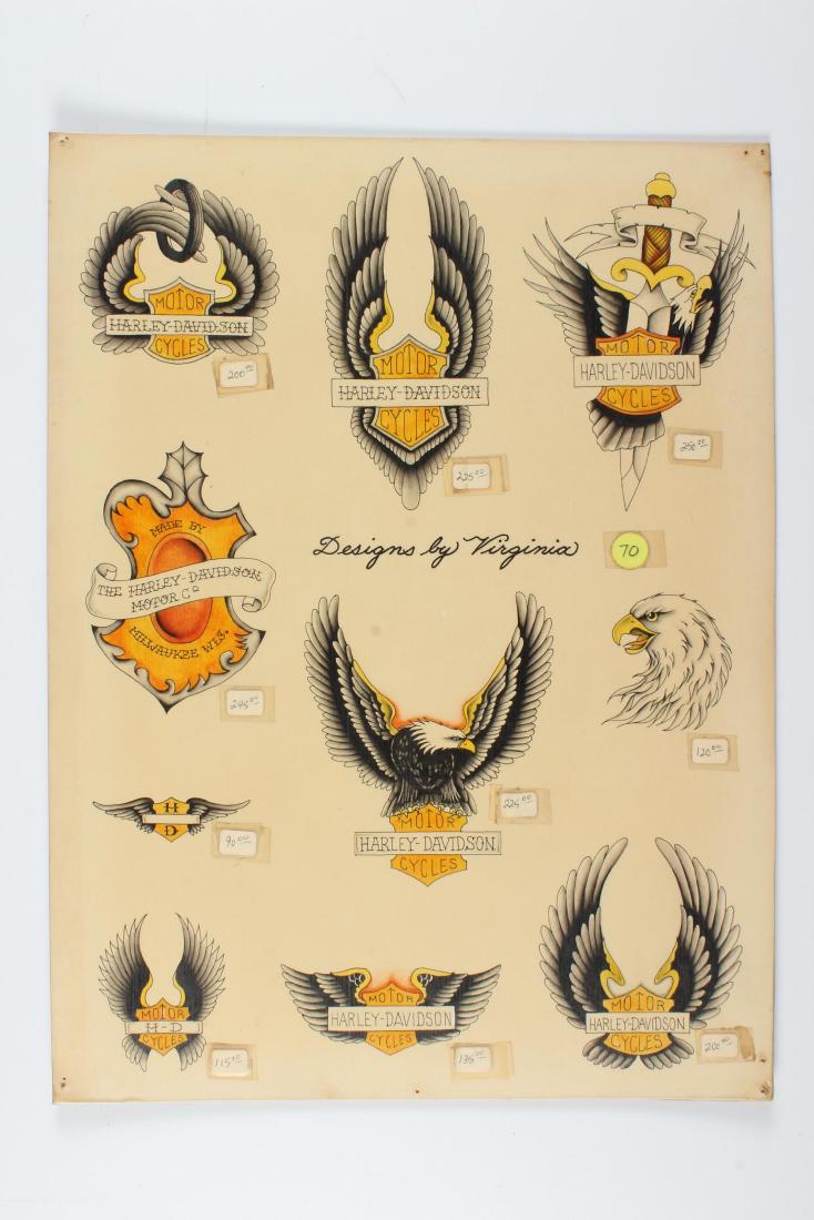 Vintage Harley Davidson Tattoo Flash: Harley Davidson. Designs by Virginia of Amazing Sylvester's Skinetic Tattoo. 10 images. Laminated. Size: 15" x 20" board.