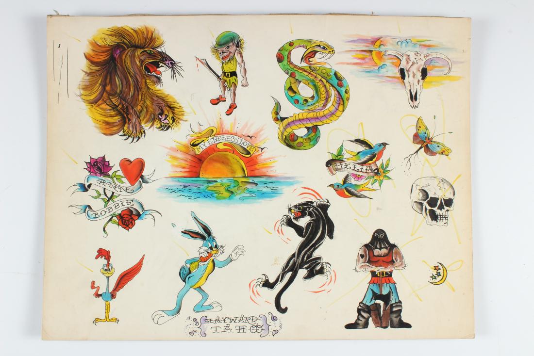 Vintage Cartoon Tattoo Flash panel: Classic Cartoons. Hayward Tattoo. 12 images. Size: 15" x 20" board.