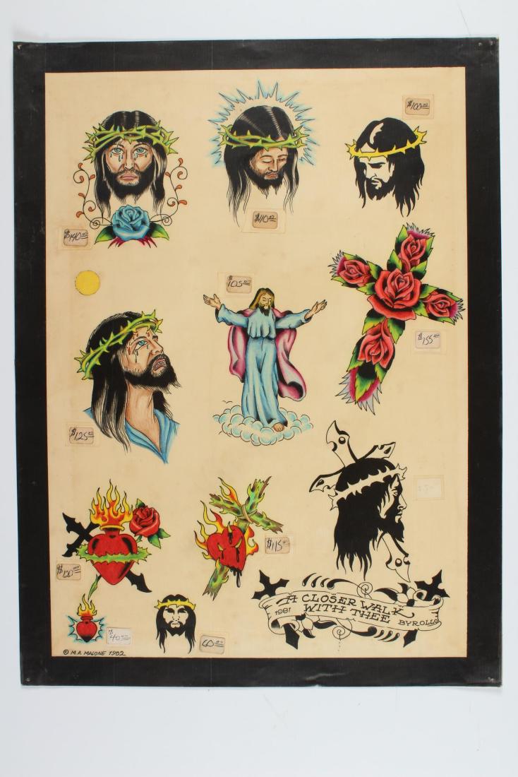 Vintage Michael Malone Tattoo Flash: A Closer Walk With Thee. By Rollo 1981/1982 MA Malone. 11 images. Laminated. Size: 15" x 20" sheet.