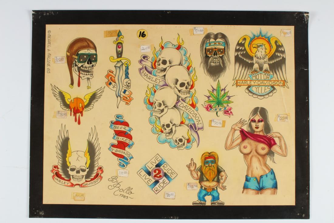 Vintage Biker Tattoo Flash: Biker Culture. Designs by Rollo 1983/1985. 12 images. Laminated. Size: 15" x 20" sheet.