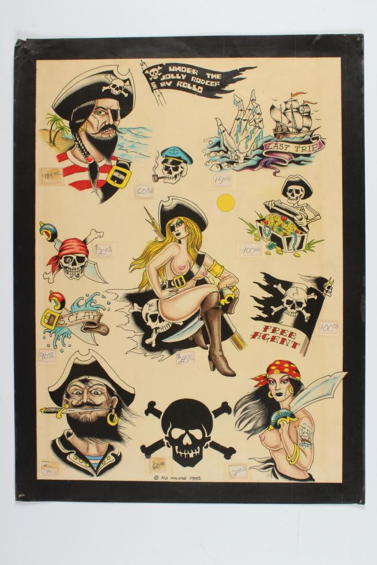 Vintage Pirate Theme Tattoo Flash: Under The Jolly Rodger by Rollo, 1982. 11 images. Laminated. Size: 15" x 20" sheet.