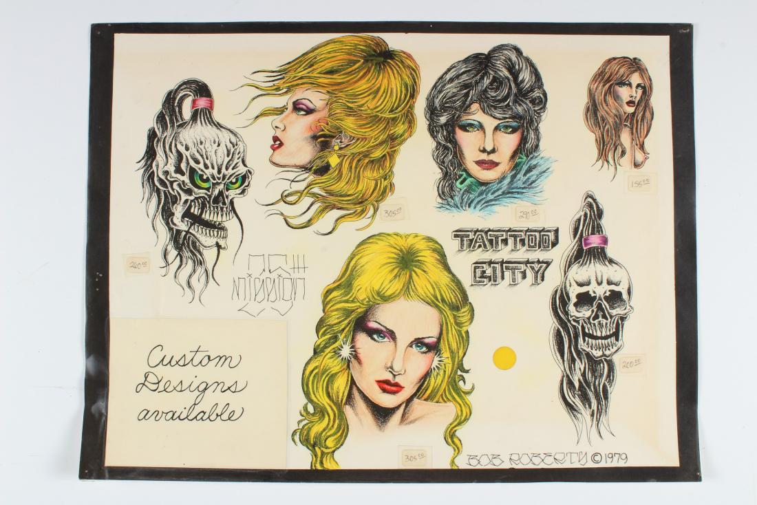 Vintage Tattoo City Bob Roberts Flash: Tattoo City 25th Mission by Bob Roberts, 1979. 6 images. Laminated. Size 15" x 20" Sheet.