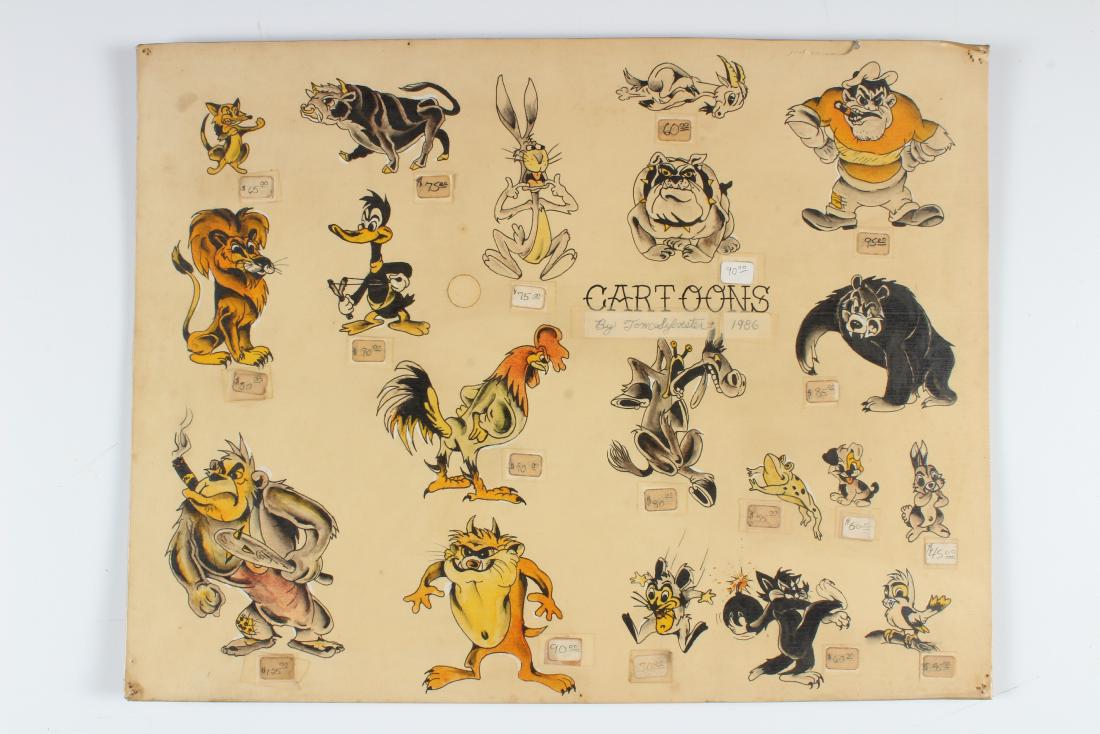 Vintage Tom Sylvester 1986 Tattoo Flash: Cartoons by Tom Sylvester, 1986. 19 images, Laminated. Size 15" x 20" board.