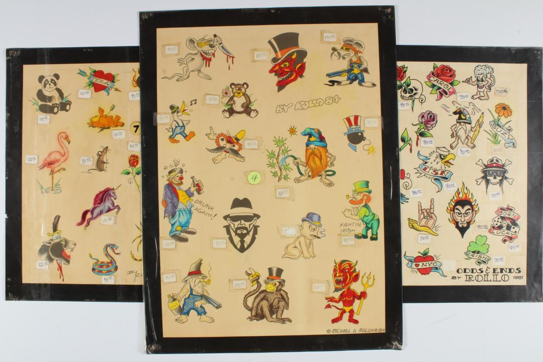 Group of 3 Vintage Tattoo Flash Panels: Three sheets, Odds & Ends by Rollo/ Michael A. Malone. 1981/1982. 32 images. By Rollo/ Michael A. Malone. 1985. 28 images. Cartoons by Rollo/ Michael A. Malone. 1984. 15 images. Each one laminated. Si