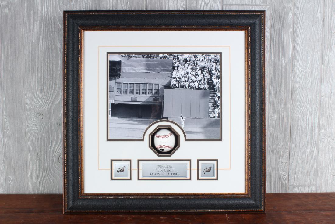 Willie Mays Baseball 1954 The Catch Vignette: Willie Mays Baseball 1954 The Catch Vignette. Hand signed ball. COA attached. Size: 25" x 25" x 3"