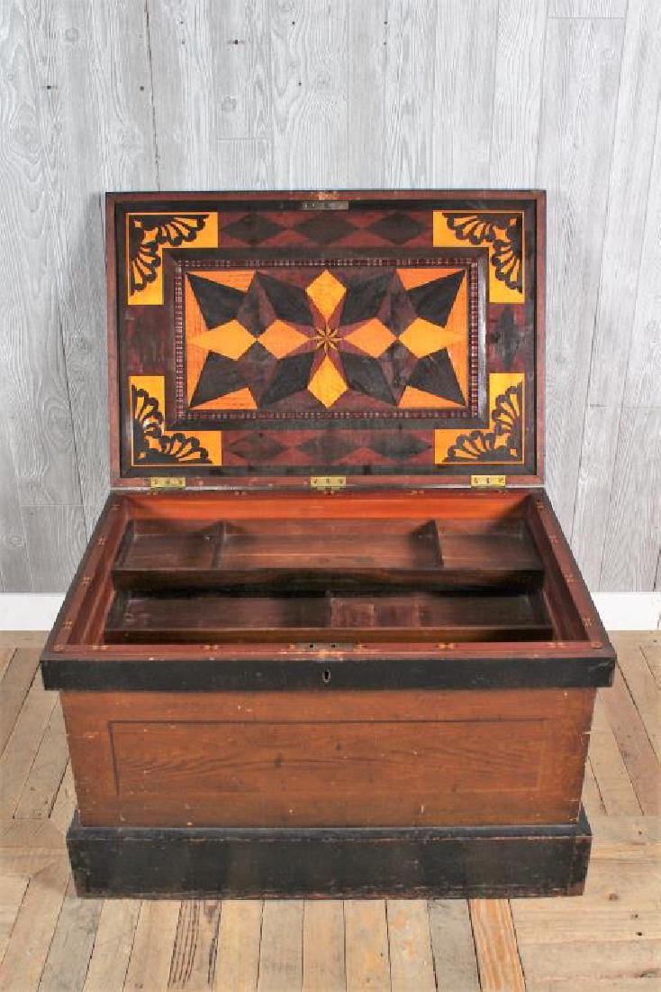 Folk Art Carpenter's Chest: Folk Art Carpenter's Chest. Parquetry inlaid lid. Size: 23.5" x 37.5" x 25"