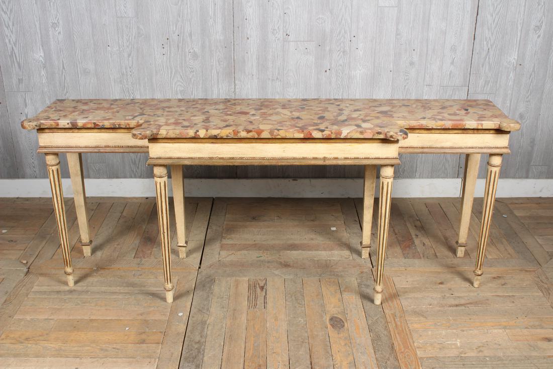 Louis XVI Style Painted Marble Top Console: Louis XVI Style Painted Marble Top Console, carved and paint decorated console with marble top. Size: 29.5" H x 73" W x 18.5" D
