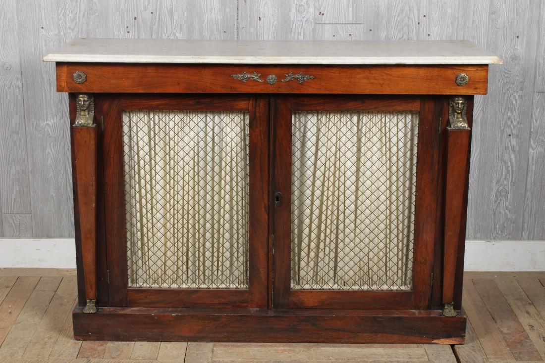 Egyptian Revival Style Marble Top Server: Egyptian Revival Style Marble Top Server, Egyptian busts on columns flanking two doors. Size: 33" H x 48" W x 15" D
