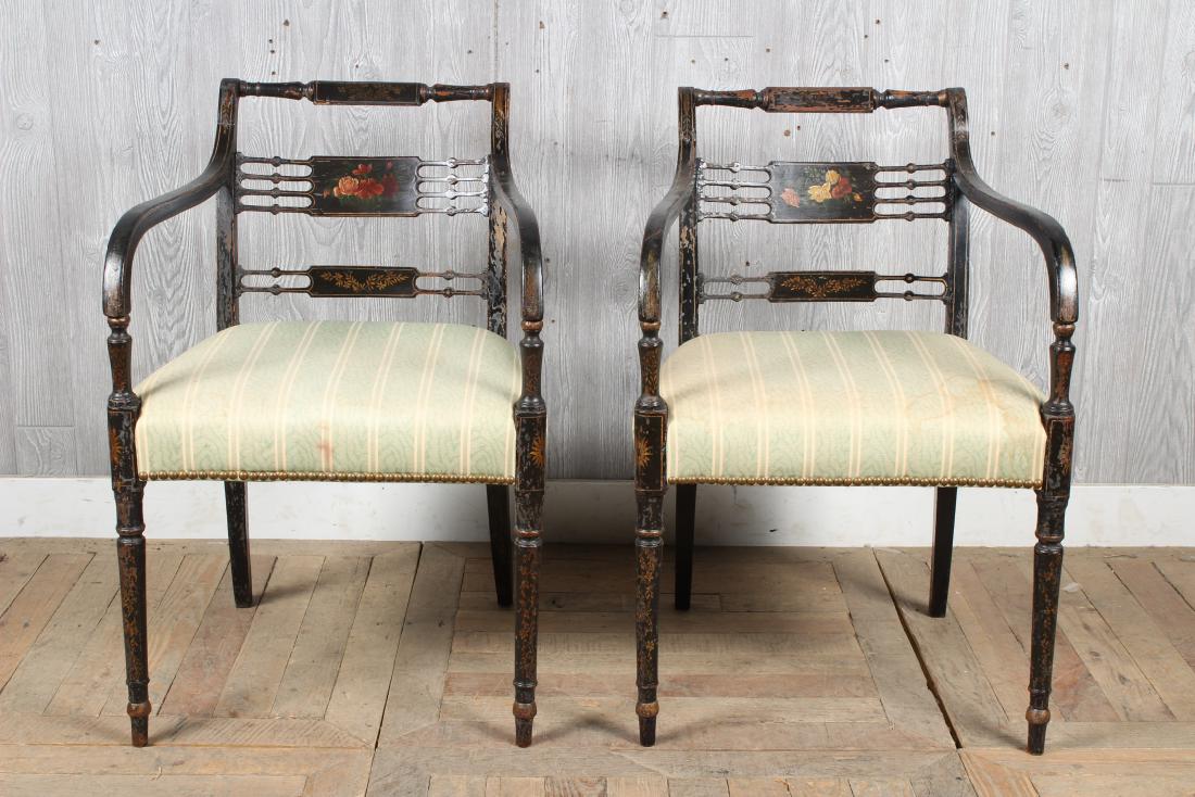 Pair Ebonized and Painted Regency Style Armchairs: Pair Ebonized and Painted Regency Style Armchairs. Size: 32" H x 21" W x 21" D