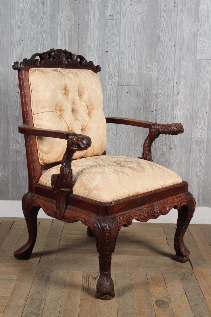Victorian Fantasy Armchair: Victorian Fantasy Armchair. Carved figural dolphins on arms and legs. Size: 41.5" H x 31.5" W x 26" D