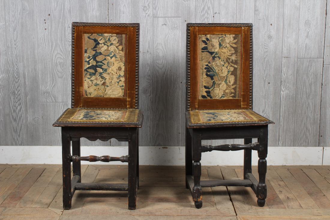 Antique Pair Petite Needlepoint Side Chairs: Antique Pair Petite Needlepoint Side Chairs. Late 18th early 19th century. Size: 33" H x 15" W x 14" D