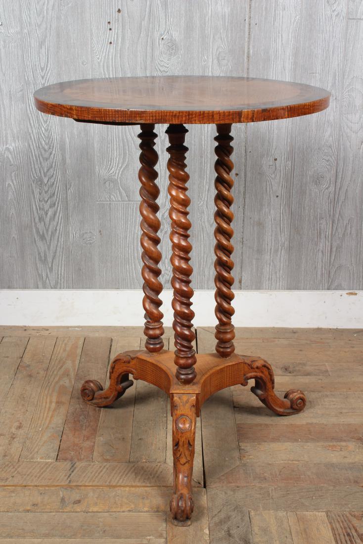 English Victorian Barley Twist Stand: An English late 19th century table with barley twist legs and tripod base. Size: 29.5" H x 21.5" W x 21.5" D