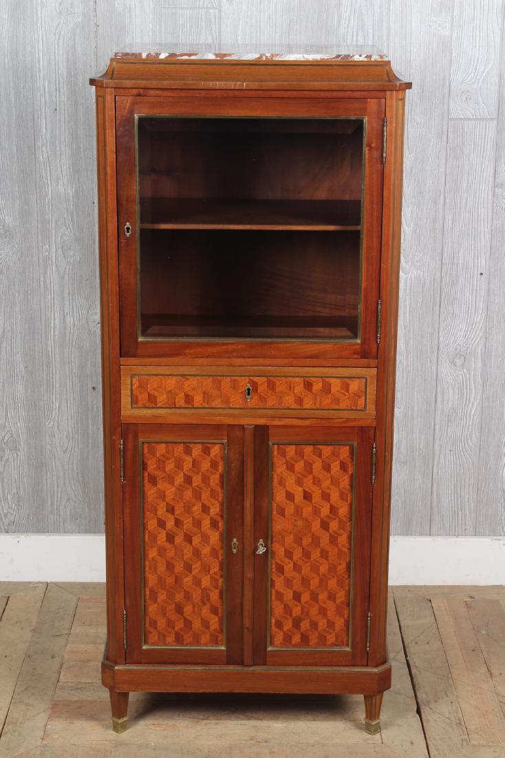 French Directoire Style Belle Epoch Cabinet: French Directoire Style Belle Epoch Cabinet. Having a marble top and glass front door. Size: 47.5" H x 20.5" W x 13.5" D