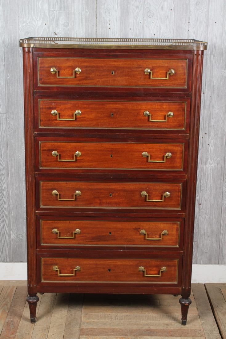 Louis XVI Style Marble Top Dresser: Louis XVI Style Marble Top Dresser, brass gallery, six drawers. Size: 55" H x 33" W x 15.5" D