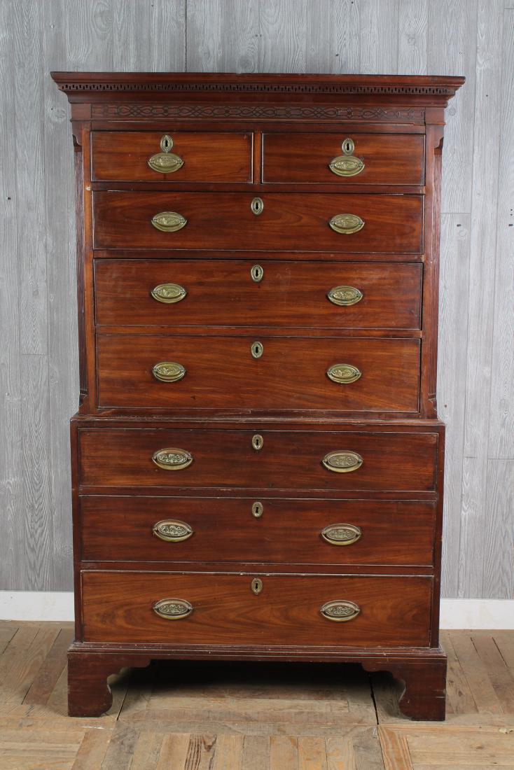 Antique George III Style Chest on Chest: A George III style 19th C. chest on chest with 2 over 6 drawers all raised on bracket feet. Size: 73" H x 42" W x 21" D