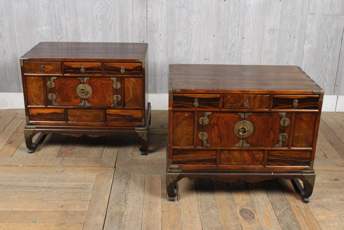 2 Asian Low Cabinets: 2 Asian Low Cabinets, bronze mountings, three drawers above two doors. Size: 20" H x 23" W x 14.5" D