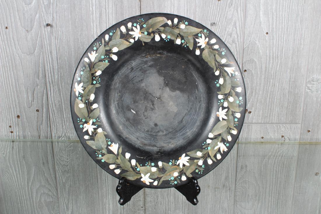 Round Pietra Dura Platter: Round Pietra Dura Platter, floral decoration along border. Size: 13" Diam.