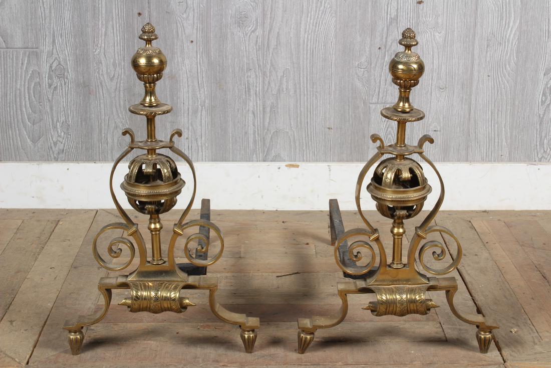 Pair Scepter Form Brass Andirons: A pair of scepter form brass andirons with incised decoration. Size: 21.5" H x 12.5" W x 22" D
