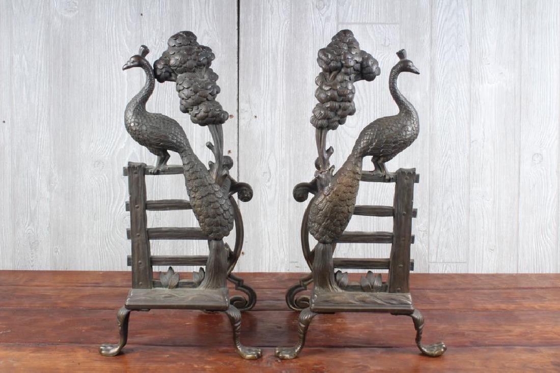 Pair Bronze Peacock Andirons: A very good pair of early 20th C. bronze peacock form andirons. Size: 24" H x 13" W x 9" D