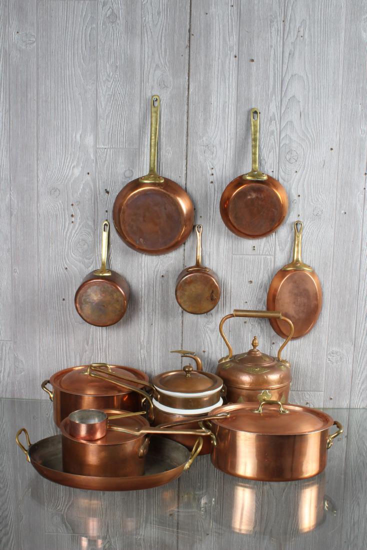12 Pieces French Copper Cookware: 12 Pieces French Copper Cookware, includes 2 E. Dehillerin pans, 3 Bazar Francais New York pots with lids, 1 pan and 2 pots by Bazar Francais New York, 1 pot marked Made in France, 1 pan marked Charle