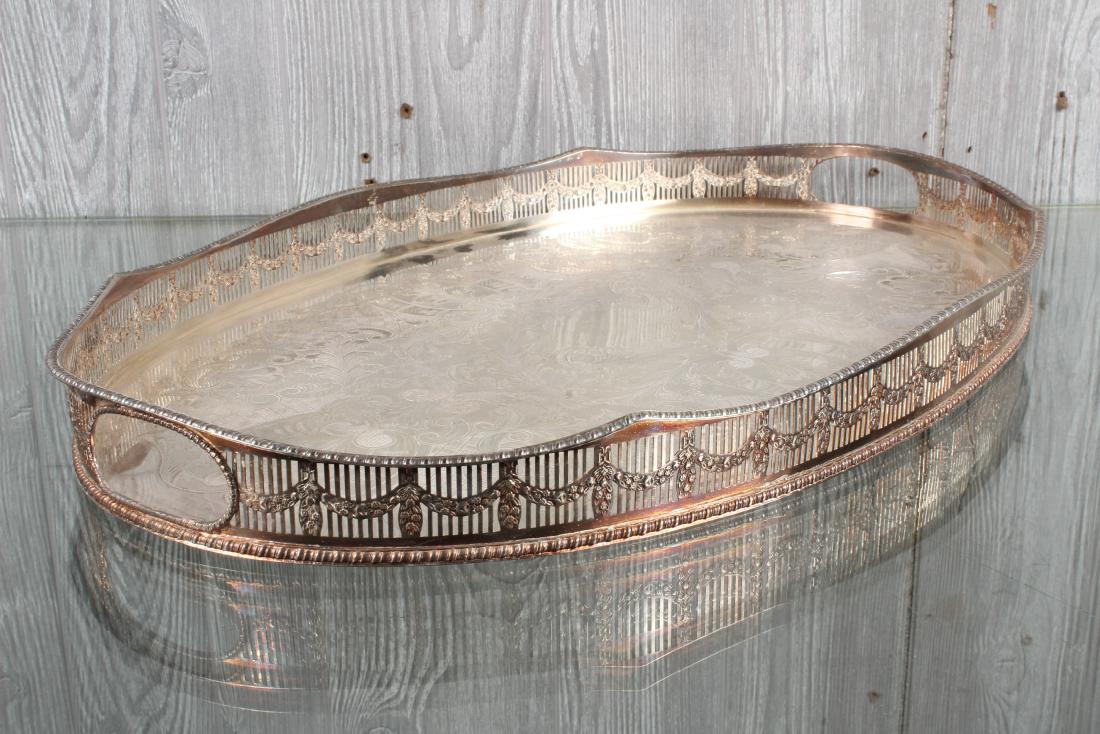 Silver Plate Chased Viners of Sheffield Tray: Silver Plate Chased Viners of Sheffield Silver Tray. Handled tray with reticulated gallery. Hallmarked on bottom "Corporate Mark, Alpha, Granted by The Cutlers Company, 1836, Alpha Plate, Viners of Sh