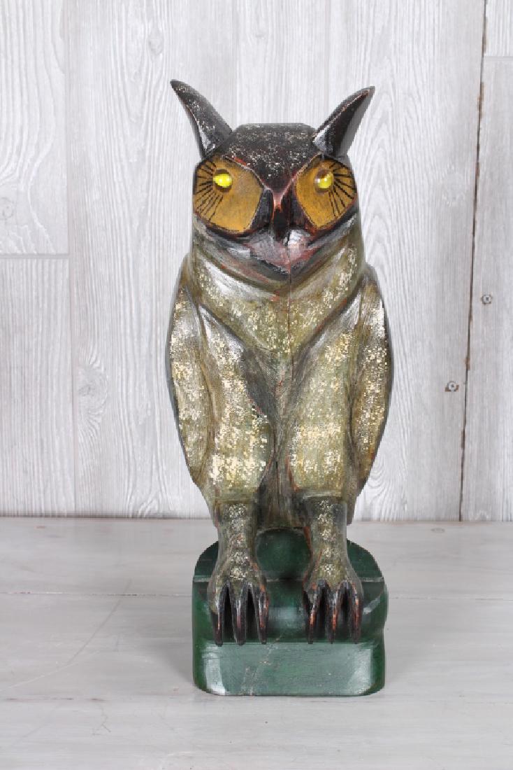 Folk Art Carved Wood Owl: Folk Art Carved Wood Owl. Inscribed WPA, LP. Paint decorated. Size: 16.5" high.