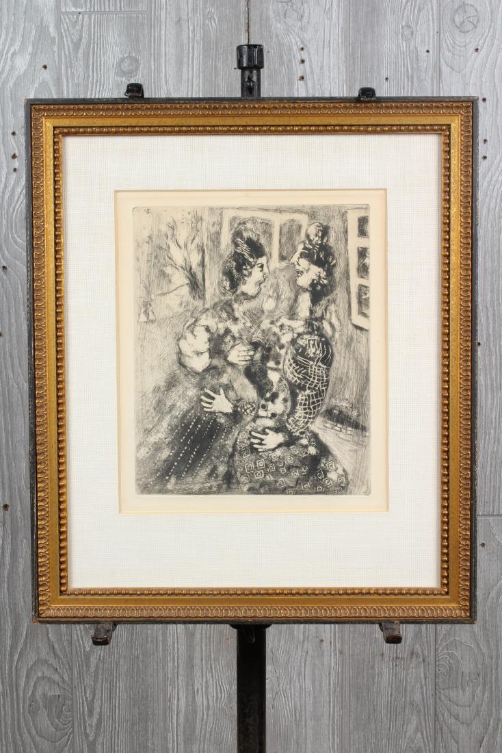 Marc Chagall Etching Women and Secrets: Marc Chagall Etching Women and Secrets from The Fables of La Fontaine. Written on back of frame "Etching, Chagall, 'Two Gossipers' From Dead Souls Edition of 105". Size: Framed: 20.5" H x 17.5" W x 1"