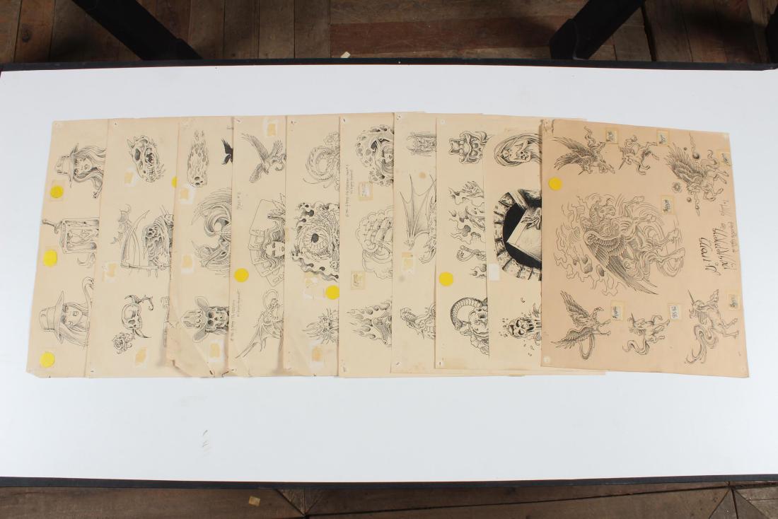 G. Irons & P.A. Stephens Tattoo Flash - 10 Sheets: G. Irons & P.A. Stephens Tattoo Flash - 10 Sheets. 1982 and 1985. 63 images. Pirate theme, unicorns, skulls, wizards, dragons, etc. Size: Largest: 11" H x 14" W
