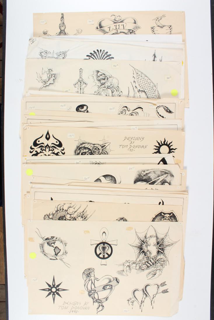Grouping of Tattoo Flash: Grouping of Tattoo Flash. 34 Sheets by Tom Donovan. 1989, 1990, 1991, 1992. 161 images. 4 Sheets by Jack Rudy, 1990. 29 images. 6 Sheets by Kari, 1991. 32 images. Size: 11" H x 17" W