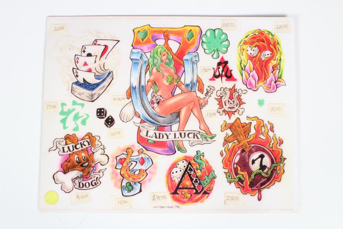 Lucky Tattoo Flash by Dave Waugh: Lucky Tattoo Flash by Dave Waugh. 1993. Lady Luck. Lucky Dog. 13 images. Laminated. Size: 11" H x 14" W