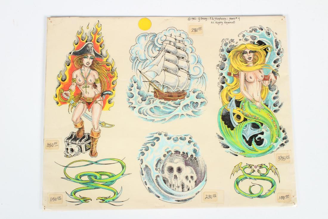Vintage Sailor's Tattoo Flash by Irons & Stephens: Vintage Sailor's Tattoo Flash by Irons & Stephens. G. Irons & P.A. Stephens, 1982. Sheet #4. 6 images. Laminated. Size: 11" H x 14" W