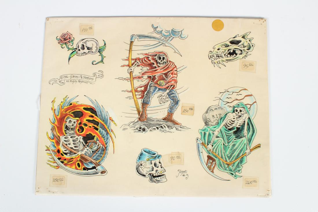 Vintage G. Irons & P.A. Stephens Tattoo Flash: Vintage G. Irons & P.A. Stephens Tattoo Flash. 1982. Sheet #5. Skulls. 6 images. Laminated. Size: 11" H x 14" W