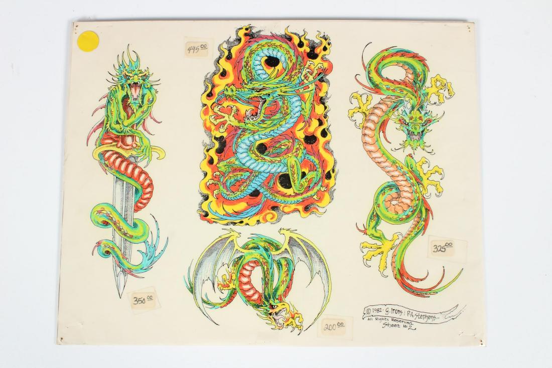 Vintage G. Irons & P.A. Stephens Tattoo Flash: Vintage G. Irons & P.A. Stephens Tattoo Flash. 1982. Sheet #2. Dragons. 4 images. Laminated. Size: 11" H x 14" W