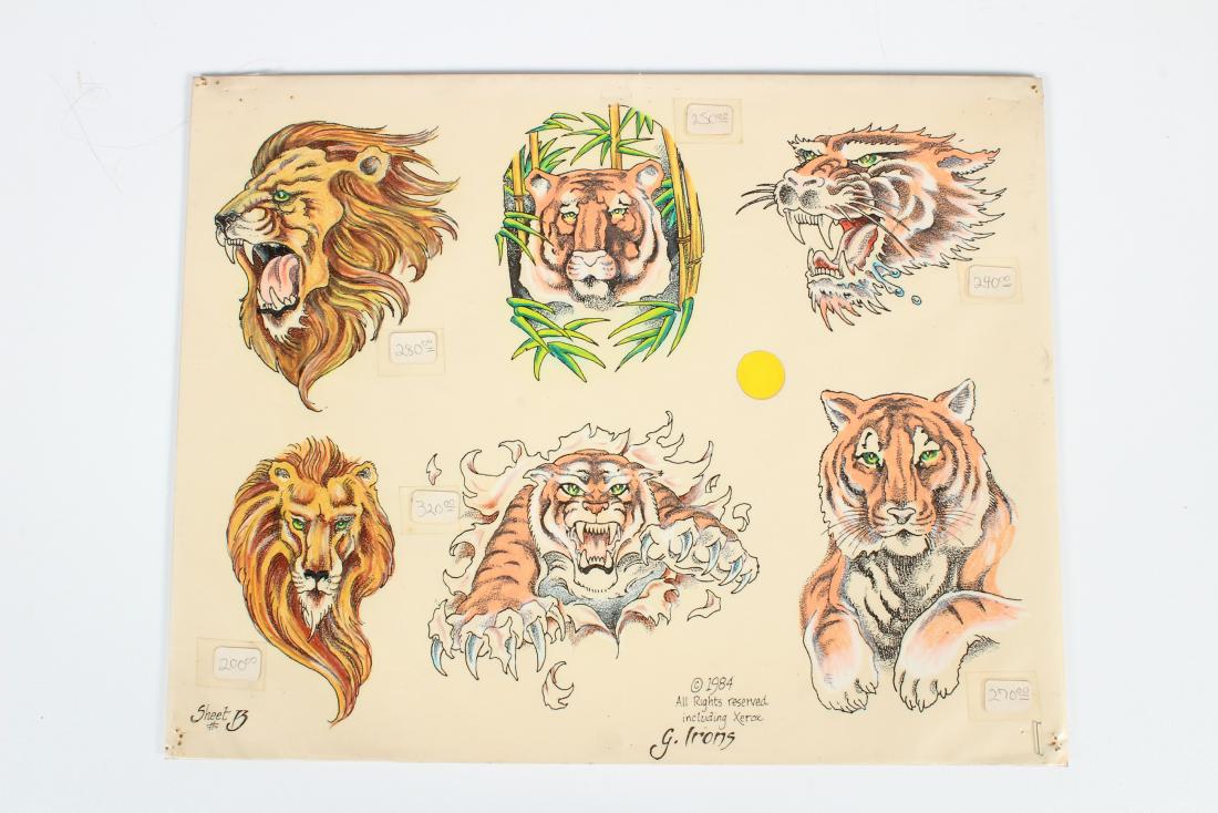VIntage Wild Cats Tattoo Flash: VIntage Wild Cats Tattoo Flash by G. Irons. 1984. Sheet #B. 6 images. Laminated. Size: 11" H x 14" W