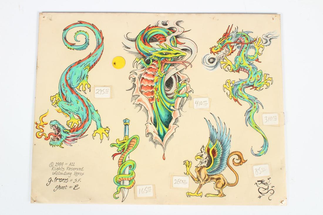 G. Irons Dragon Tattoo Flash: G. Irons Dragon Tattoo Flash. 1984. Sheet #E. 5 images. Laminated. Size: 11" H x 14" W